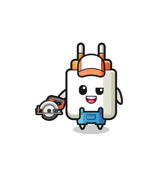 Woodworker Power Adapter Mascot Holding Circular Saw Cute Design — Stockvector