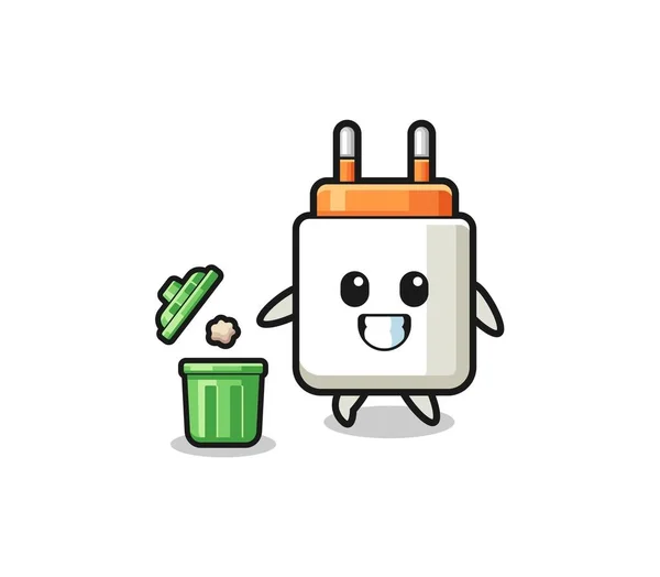 Illustration Power Adapter Throwing Garbage Trash Can Cute Design — стоковый вектор