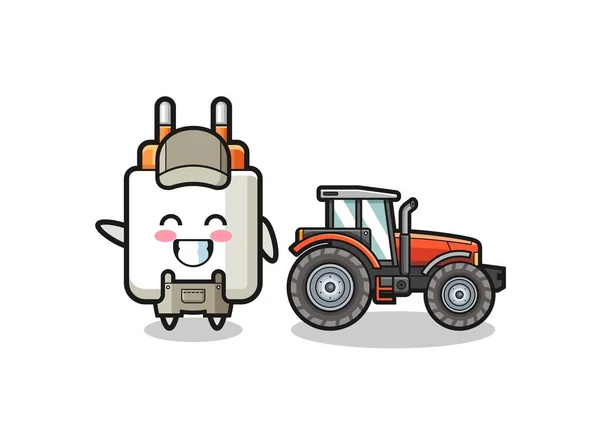 Power Adapter Farmer Mascot Standing Tractor Cute Design — стоковый вектор