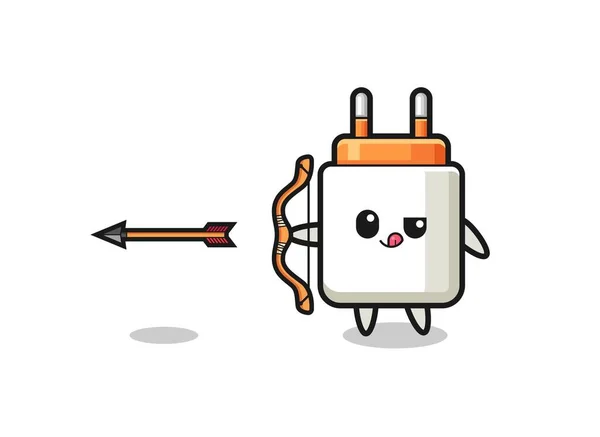 Illustration Power Adapter Character Doing Archery Cute Design —  Vetores de Stock