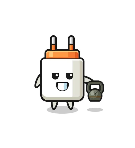 Power Adapter Mascot Lifting Kettlebell Gym Cute Design — Wektor stockowy