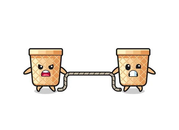 Cute Waffle Cone Character Playing Tug War Game Cute Design — Image vectorielle