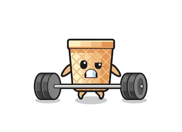 Cartoon Waffle Cone Lifting Barbell Cute Design — Vetor de Stock