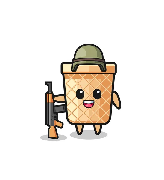 Cute Waffle Cone Mascot Soldier Cute Design — Stock vektor