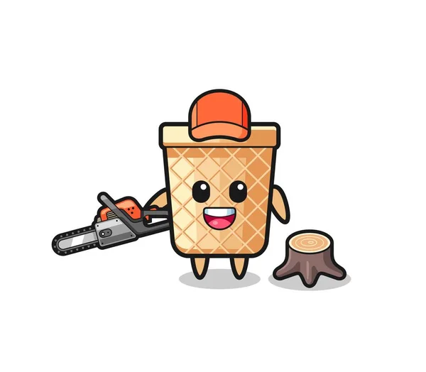 Waffle Cone Lumberjack Character Holding Chainsaw Cute Design — Stock vektor