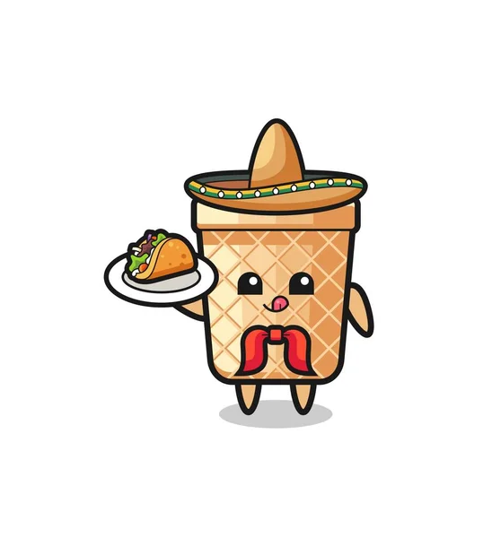 Waffle Cone Mexican Chef Mascot Holding Taco Cute Design — Stock vektor