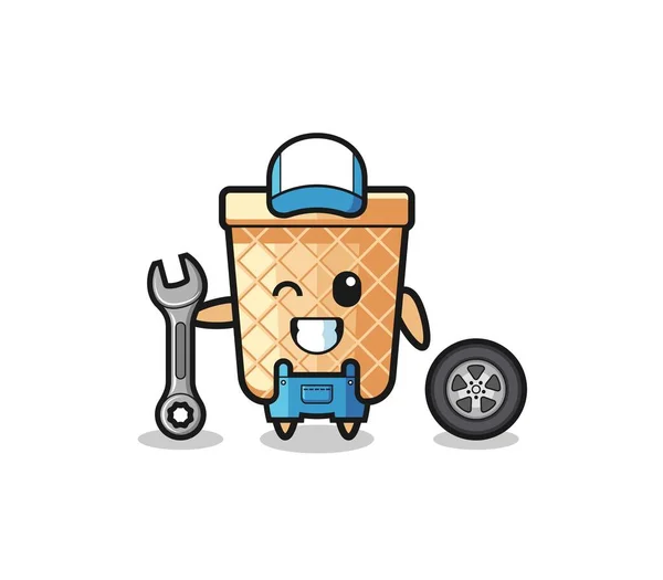 Waffle Cone Character Mechanic Mascot Cute Design — Stockový vektor