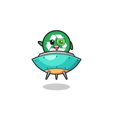 recycling cartoon riding a future spaceship , cute design