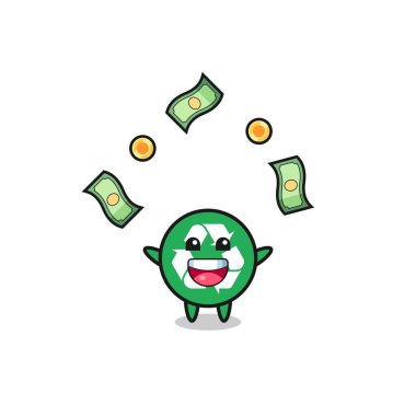 illustration of the recycling catching money falling from the sky , cute design