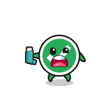 check mark mascot having asthma while holding the inhaler , cute design
