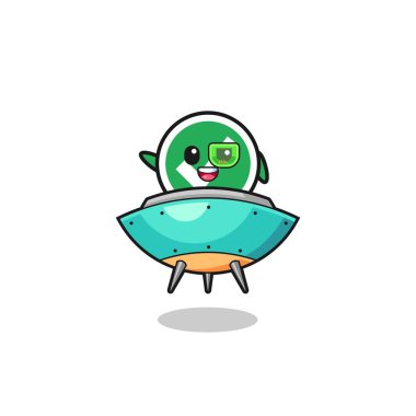 check mark cartoon riding a future spaceship , cute design