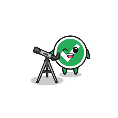 check mark astronomer mascot with a modern telescope , cute design