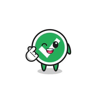 check mark character doing Korean finger heart , cute design