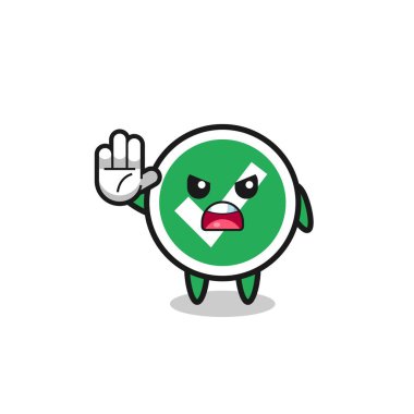 check mark character doing stop gesture , cute design