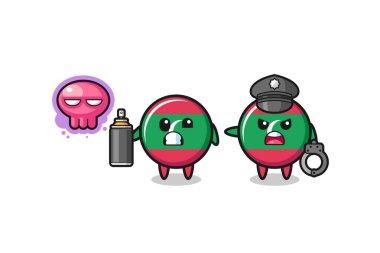 maldives flag cartoon doing vandalism and caught by the police , cute design