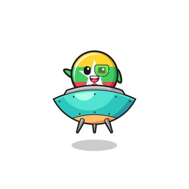 myanmar flag cartoon riding a future spaceship , cute design