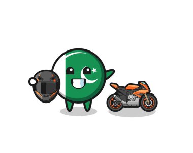 cute pakistan flag cartoon as a motorcycle racer , cute design