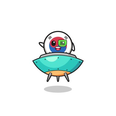 south korea flag cartoon riding a future spaceship , cute design