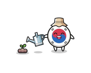 cute south korea flag is watering plant seeds , cute design