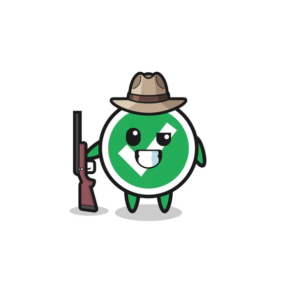 Check Mark Hunter Mascot Holding Gun Cute Design — Vetor de Stock