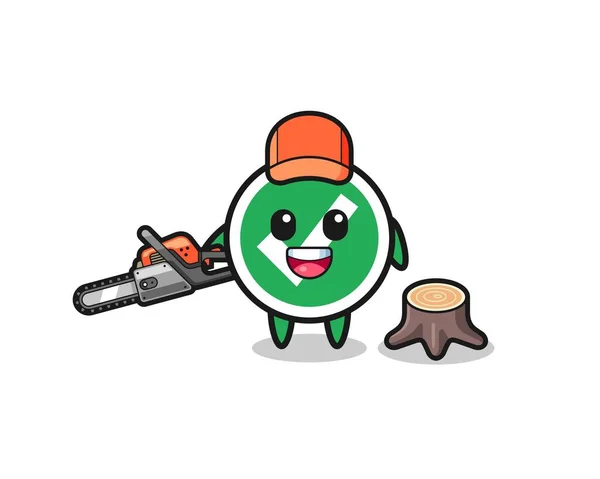 Check Mark Lumberjack Character Holding Chainsaw Cute Design — Stock Vector