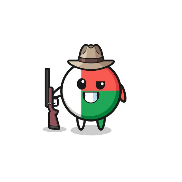 Madagascar Flag Hunter Mascot Holding Gun Cute Design — 스톡 벡터