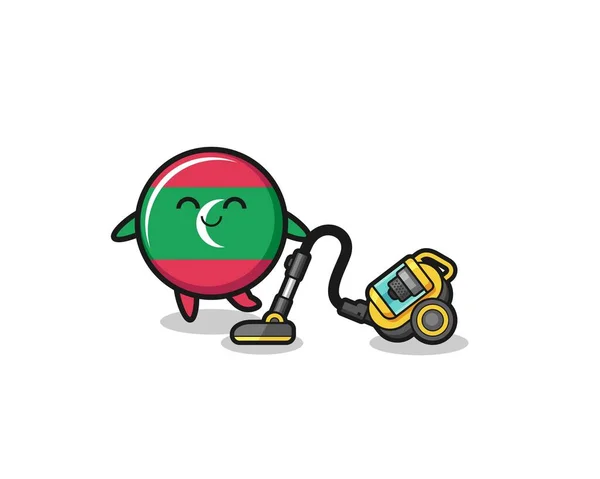 Cute Maldives Flag Holding Vacuum Cleaner Illustration Cute Design — 스톡 벡터