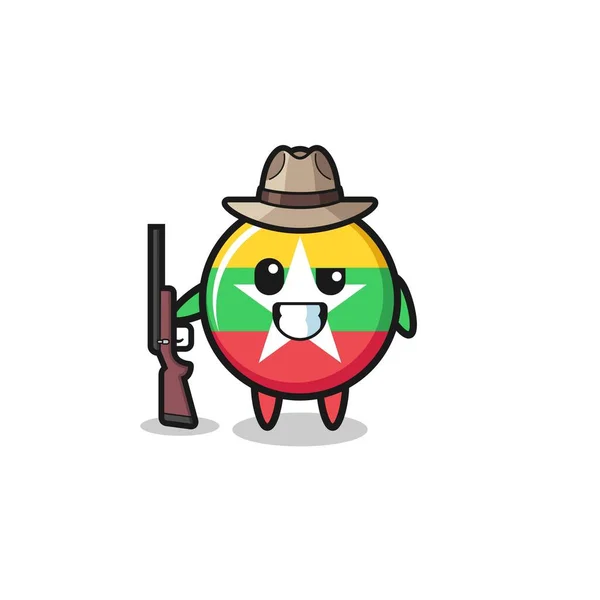 Myanmar Flag Hunter Mascot Holding Gun Cute Design — Stok Vektör
