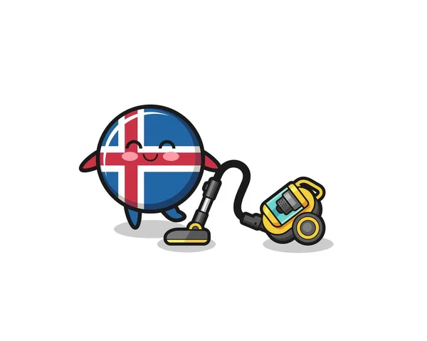 Cute Iceland Flag Holding Vacuum Cleaner Illustration Cute Design — 스톡 벡터