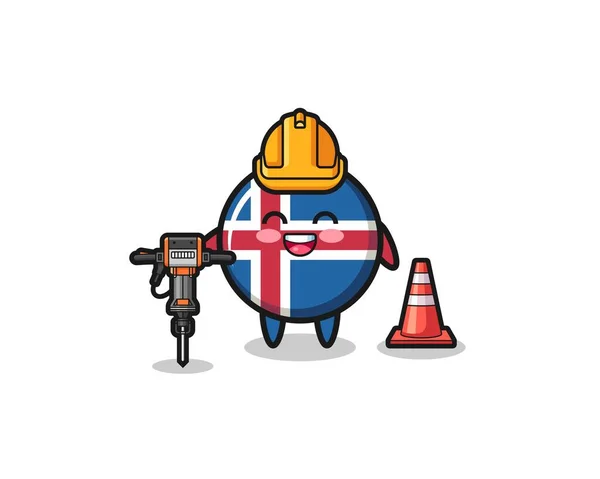 Road Worker Mascot Iceland Flag Holding Drill Machine Cute Design — Stockvektor