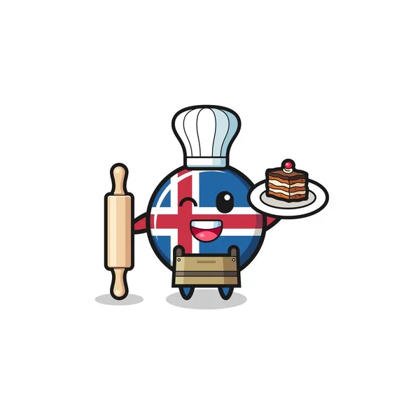 Iceland Flag Pastry Chef Mascot Hold Rolling Pin Cute Design — Wektor stockowy