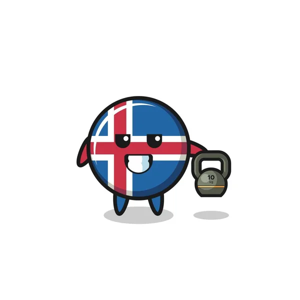 Iceland Flag Mascot Lifting Kettlebell Gym Cute Design — Stock Vector