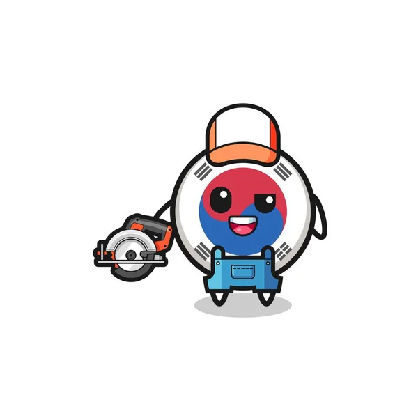 Woodworker South Korea Flag Mascot Holding Circular Saw Cute Design — Stockvektor