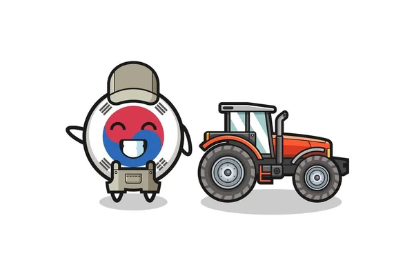 South Korea Flag Farmer Mascot Standing Tractor Cute Design — Stockový vektor