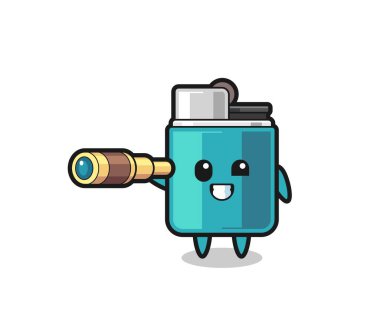 Sevimli daha hafif bir karakter eski bir teleskop tutuyor, şirin bir tasarım.