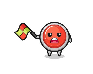 Acil durum düğmesi çizgi filmi çizgi film hakimi bayrağı 45 derecelik açıyla kaldırıyor, şirin tasarım.