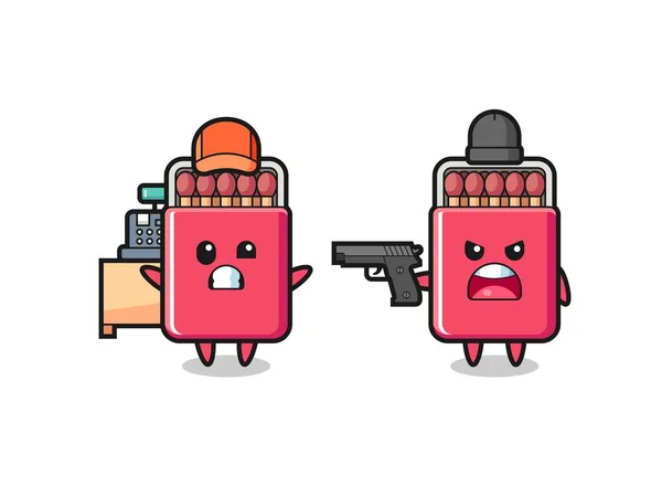 Illust Cute Matches Box Cashier Pointed Gun Robber Lindo Diseño — Vector de stock