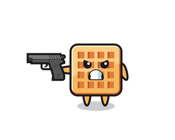 Cute Waffle Character Shoot Gun Cute Design — Stock Vector