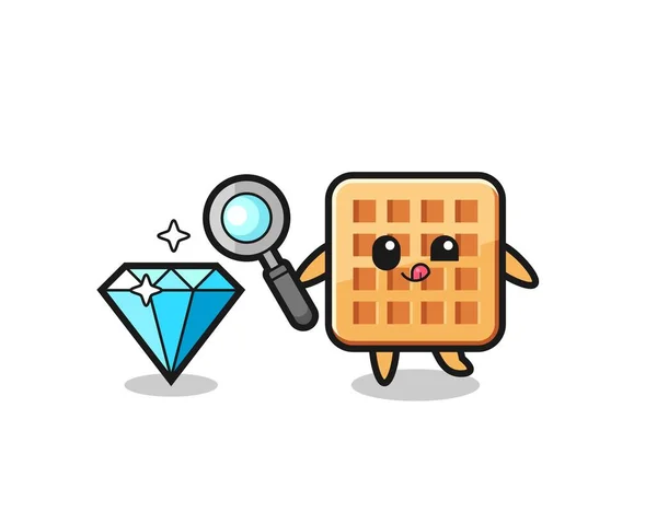 Mascotte Waffle Sta Controllando Autenticità Diamante Design Carino — Vettoriale Stock