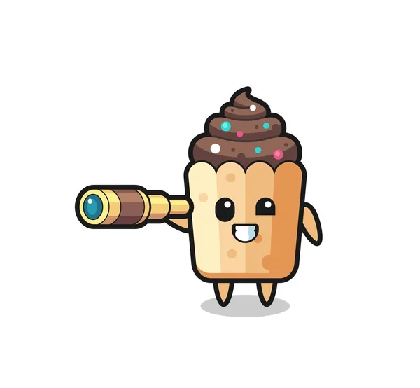 Personagem Bonito Cupcake Está Segurando Telescópio Antigo Projeto Bonito —  Vetores de Stock