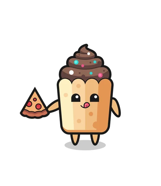 Lindo Cupcake Dibujos Animados Comer Pizza Lindo Diseño — Archivo Imágenes Vectoriales