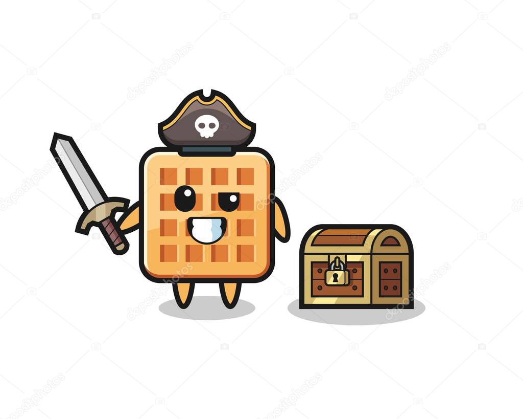 the waffle pirate character holding sword beside a treasure box , cute design
