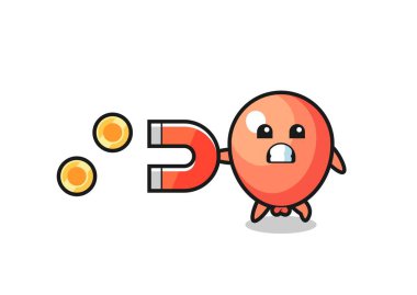 Balon karakteri altın sikkeleri yakalamak için bir mıknatıs tutar, şirin tasarım.