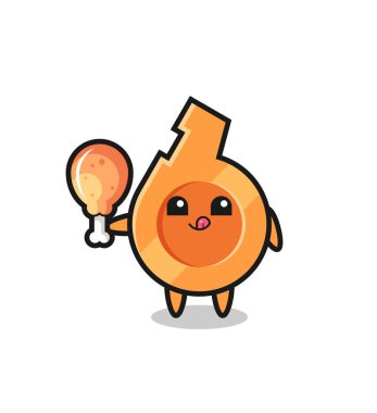 Islık çalan sevimli maskot kızarmış tavuk yiyor, şirin tasarım.