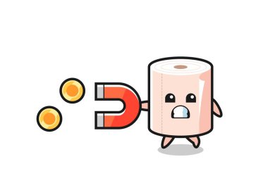 Doku rulosu karakteri altın sikkeleri yakalamak için bir mıknatıs tutuyor, şirin tasarım.