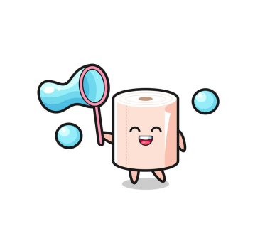 Mutlu doku rulosu çizgi filmi sabun köpüğü oynuyor, şirin tasarım.