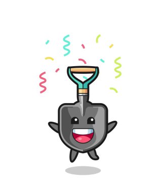 Mutlu kürek maskotu renkli konfetilerle tebrik etmek için atlıyor, şirin tasarım.