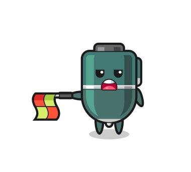 Çizgi hakimi olarak tükenmez kalem karakteri bayrağı düz tut, şirin tasarım.