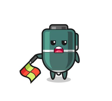 Çizgi hakimi olarak tükenmez kalem karakteri bayrağı 45 derecelik açıyla tutun, şirin tasarım.