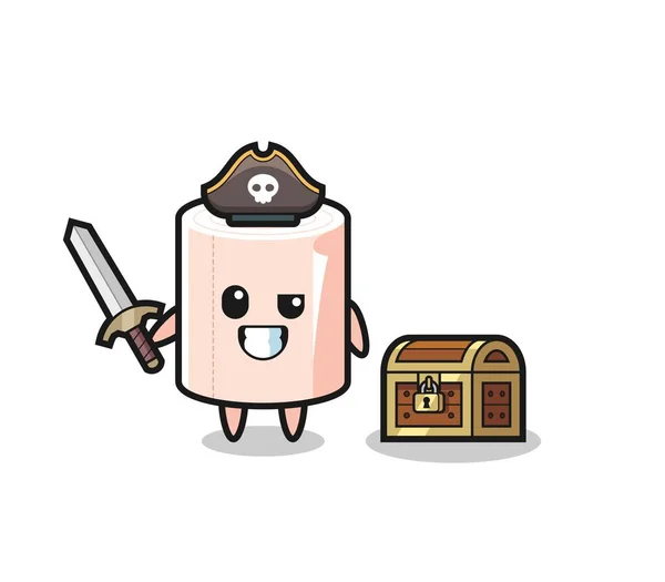 Tissue Roll Pirate Character Holding Sword Treasure Box Cute Design — Stock Vector